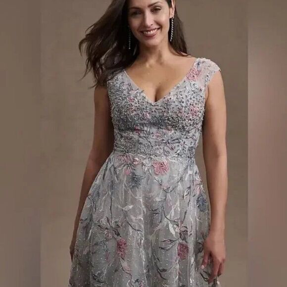 Mac Duggal 20263 Womens Size 8 Silver Pink Floral Embroidery Gown Maxi Dress - Picture 5 of 11